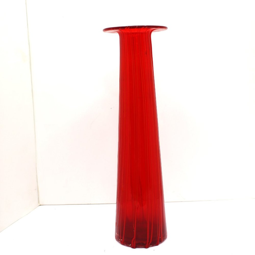 Vintage Cased Red Threads on Red Hand Blown Tall Tapered Flared ART GLASS Vase